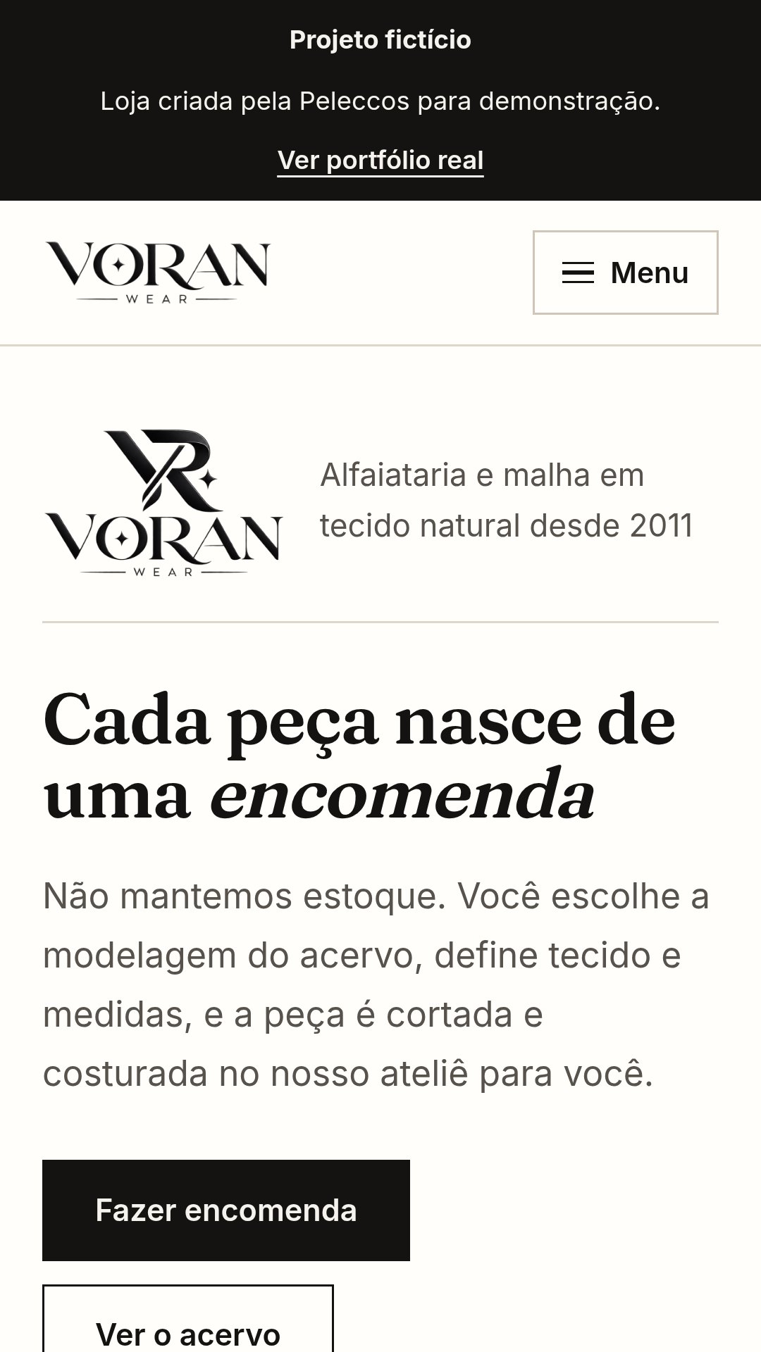 Prévia do website Voran Wear no celular